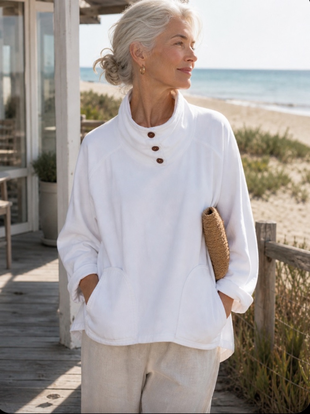 Soft Surroundings White 100% Cotton Cowl Neck Tunic Pullover Sweater M